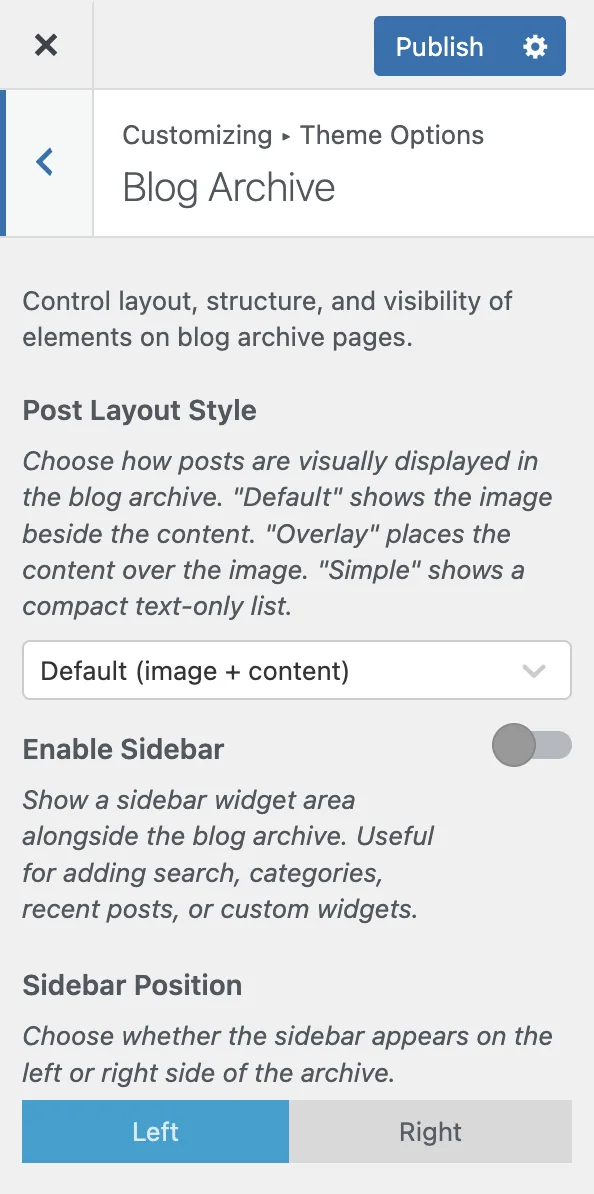 The Blog Archive panel in the Customizer