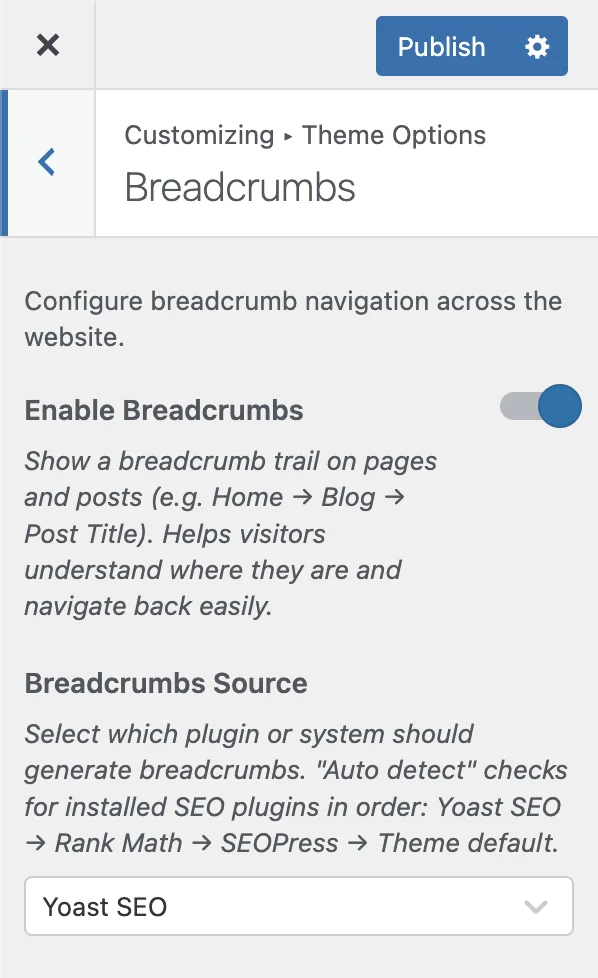 The Breadcrumbs panel in the Customizer
