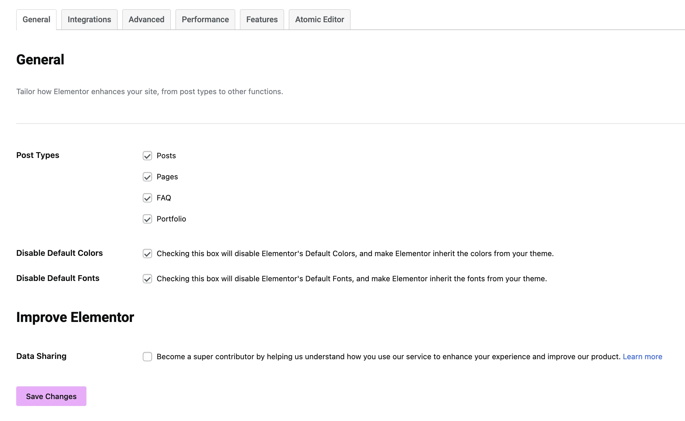 Elementor global settings panel with default colors and fonts disabled