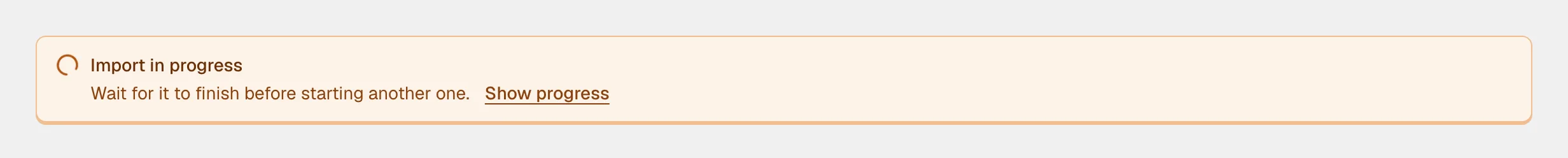 A notice on the Demos section reading Import in progress, Wait for it to finish before starting another one, with a Show progress link.