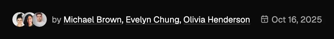 A post byline with three overlapping avatars reading by Michael Brown, Evelyn Chung, Olivia Henderson, followed by the date