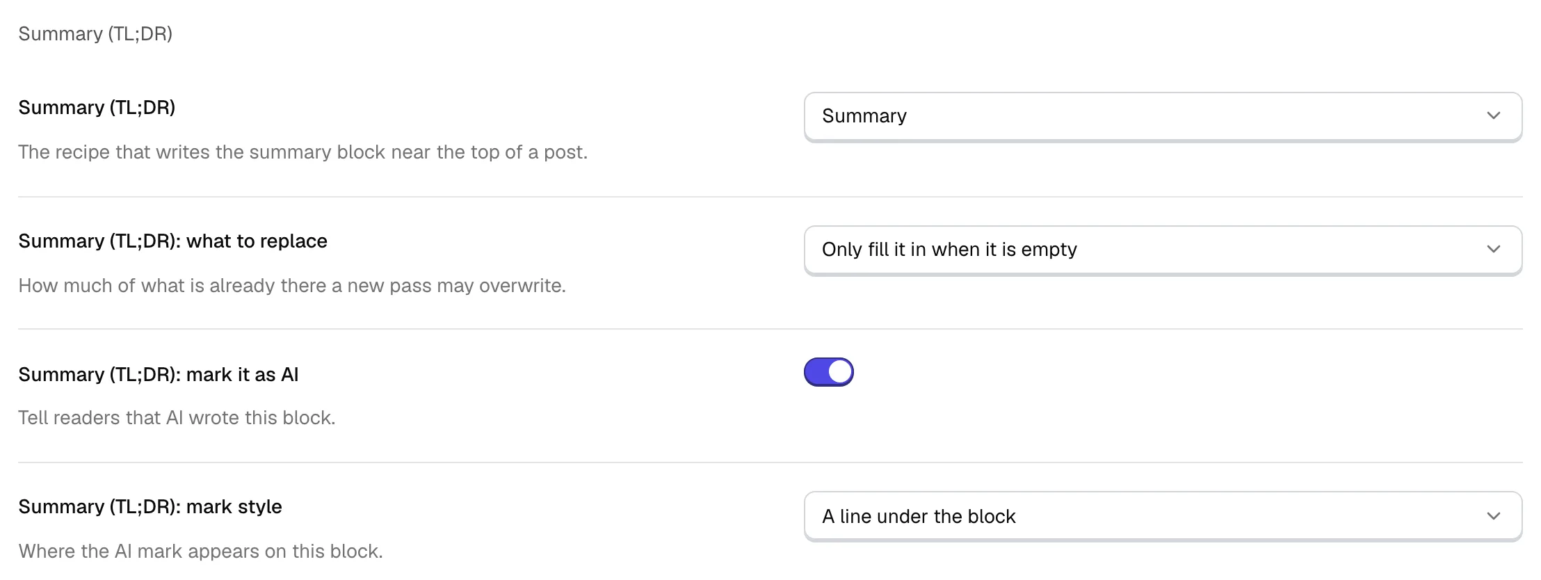 The Summary (TL;DR) settings under AI Writing: the recipe, the replacement rule, the AI mark switch and the mark style