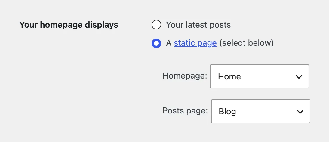 The Your homepage displays setting under Settings > Reading, set to a static page, with Home chosen as the homepage and Blog as the posts page.