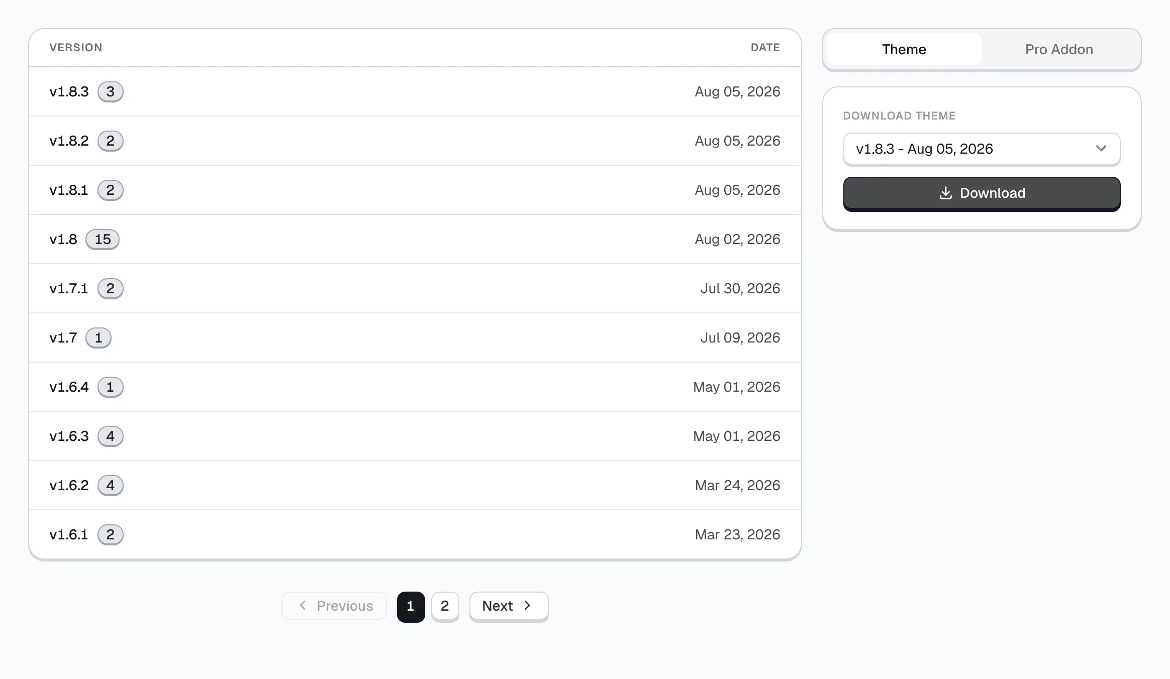 The Releases tab of a product in the account, listing versions with their release dates, beside a Theme and Pro Addon switch and a Download theme card with a version dropdown and a Download button.