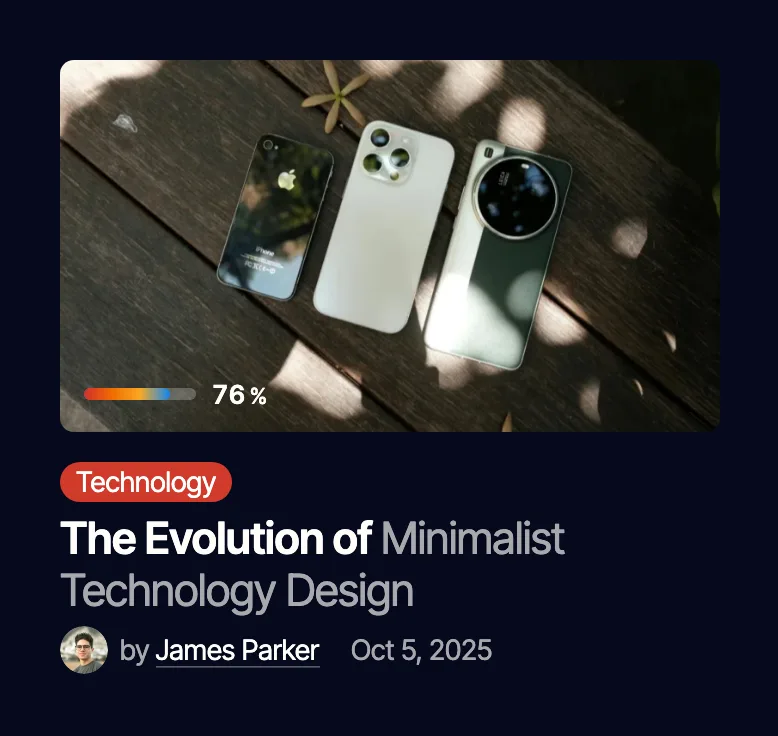 A post card in a listing with a review score chip on its thumbnail: a gradient bar and 76 %, above the Technology category, the post title and the author byline.