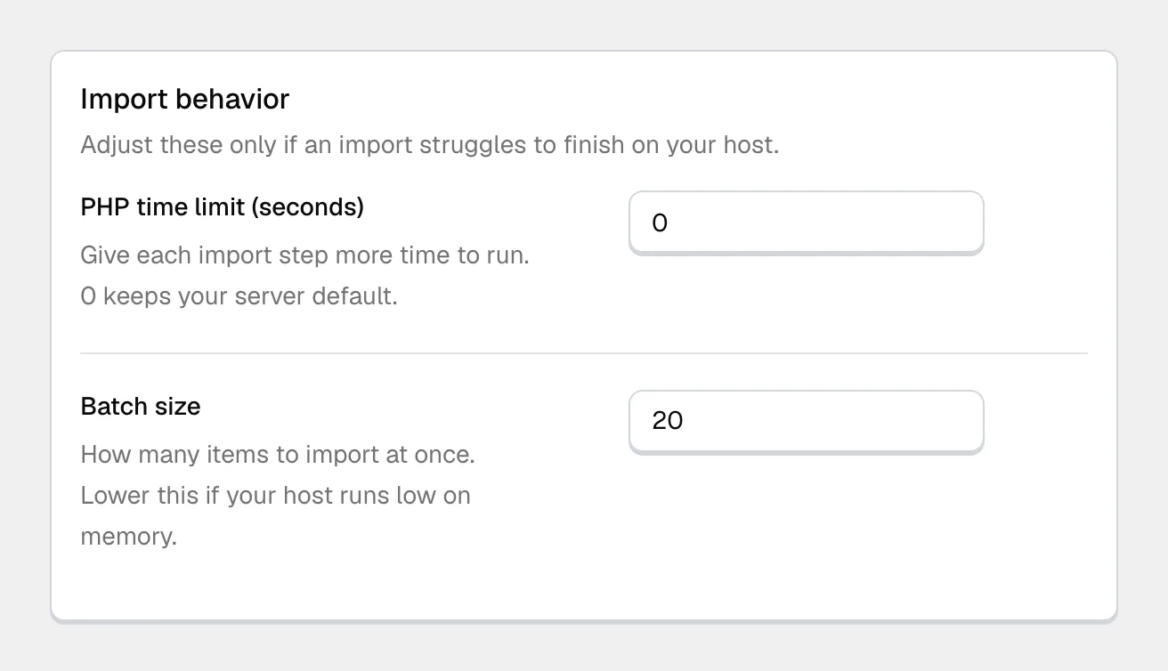The Import behavior card in Demo Import settings, with PHP time limit (seconds) set to 0 and Batch size set to 20.
