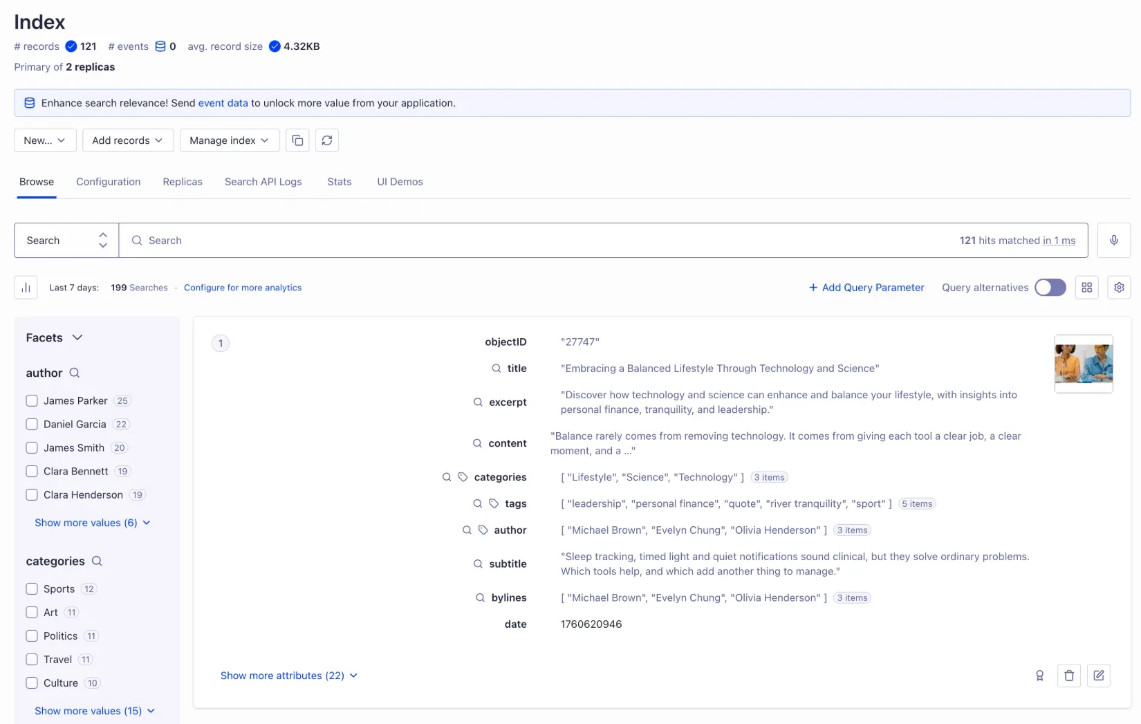 The wp_posts index in the Algolia dashboard with 121 records, author and category facets, and one post record showing its title, excerpt, categories and tags