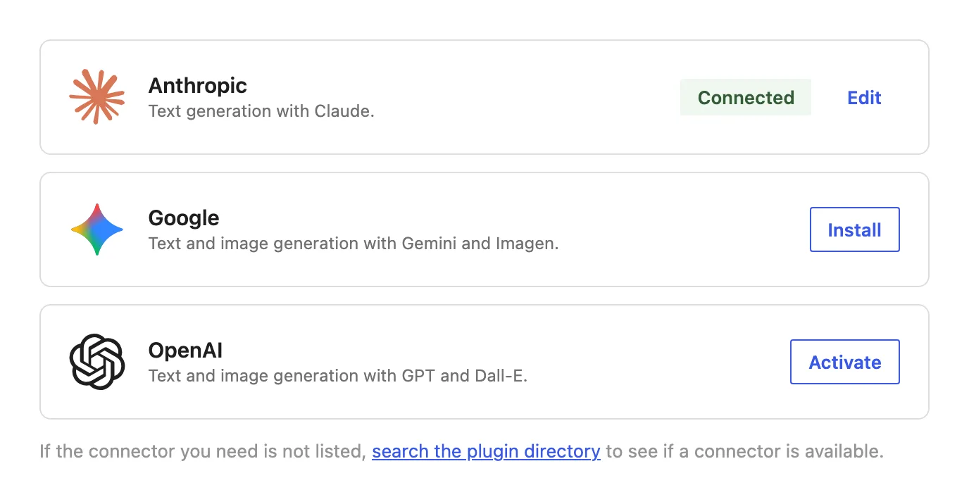 The WordPress Connectors screen listing three AI providers: Anthropic marked Connected with an Edit link, Google with an Install button, and OpenAI with an Activate button.