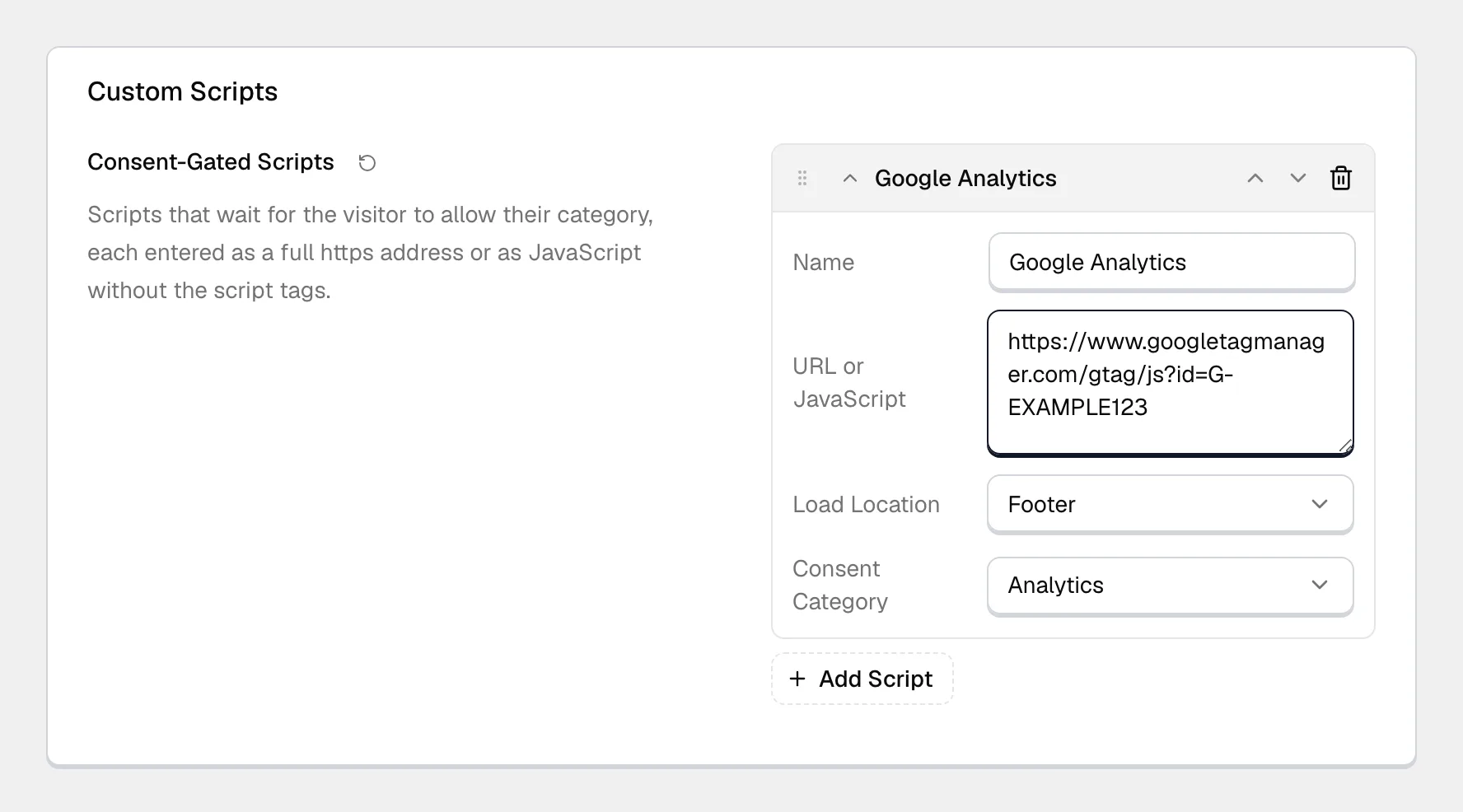 The Custom Scripts settings group in Theme Options. One Consent-Gated Scripts entry named Google Analytics holds a Google Tag Manager script address, loads in the footer, and is assigned to the Analytics consent category. An Add Script button sits below it.