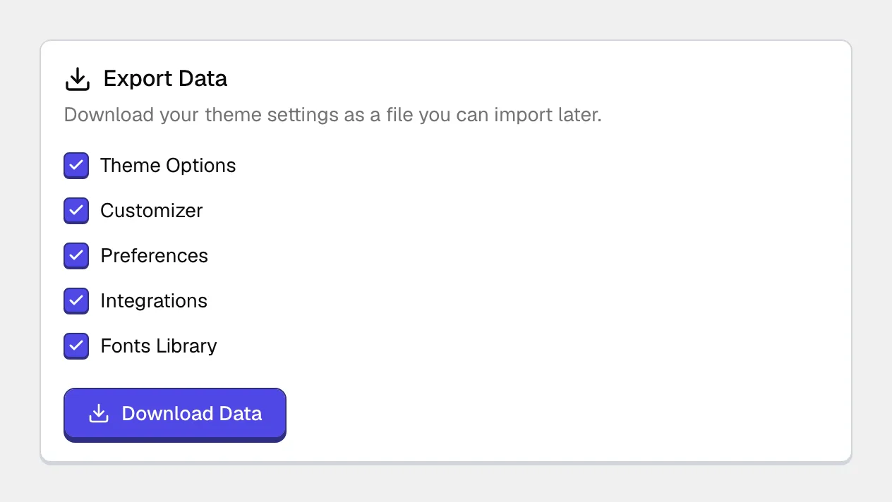 The Export Data card with five ticked sections, Theme Options, Customizer, Preferences, Integrations, and Fonts Library, above a Download Data button.