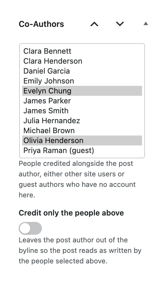 The Co-Authors box in the post sidebar: a list of site users and one guest with two names selected, and the Credit only the people above switch turned off