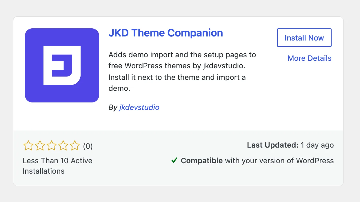 The JKD Theme Companion card in the WordPress plugin search results, with its description, the line By jkdevstudio, an Install Now button and a More Details link.