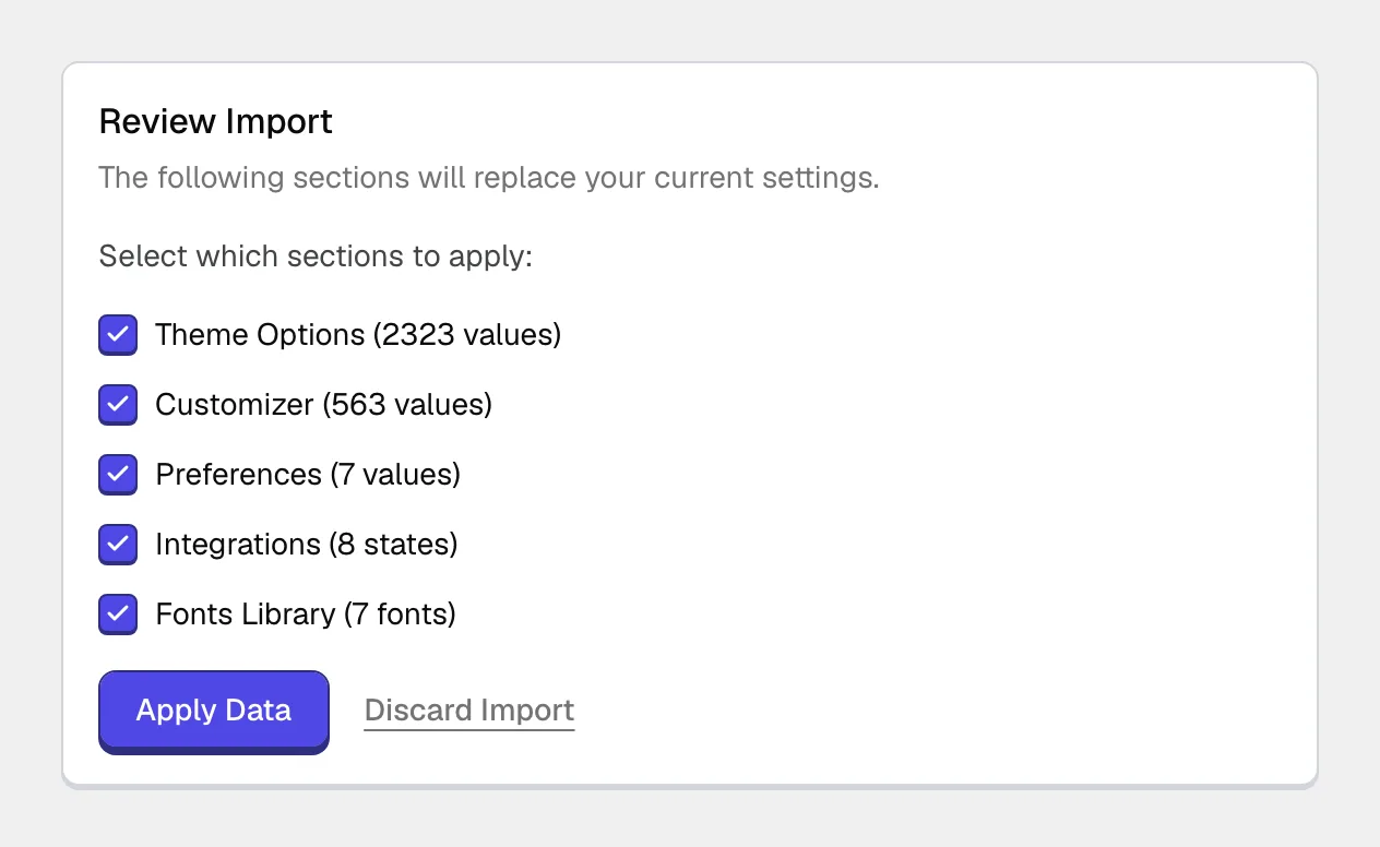 The Review Import screen warning that the listed sections will replace the current settings, with each ticked section showing how many values it holds, an Apply Data button, and a Discard Import link.