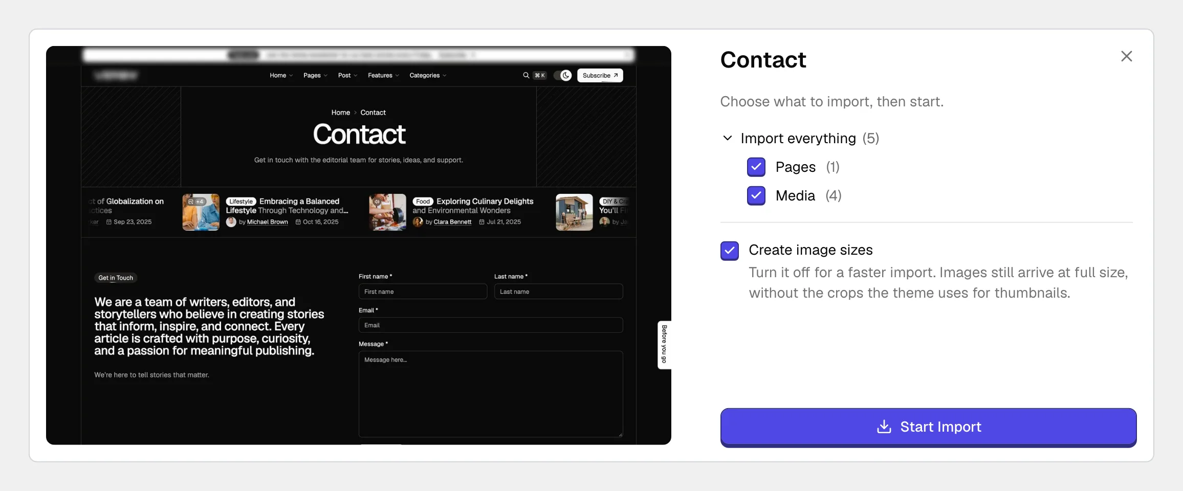 The import window for the Contact page: its preview on the left, and on the right the parts list expanded to Pages (1) and Media (4), both ticked, the Create image sizes option, and the Start Import button.