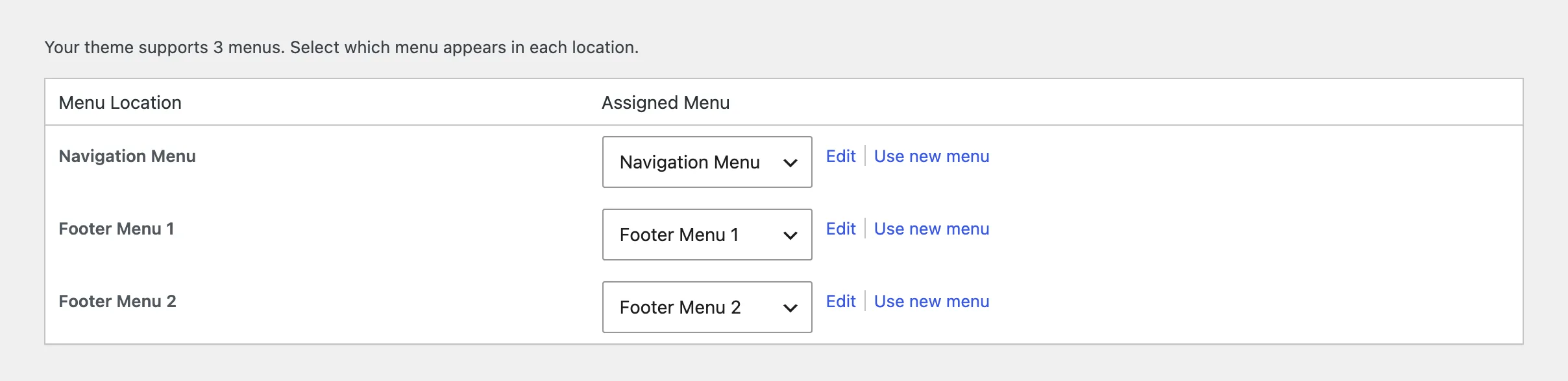 The Manage Locations tab listing Navigation Menu, Footer Menu 1 and Footer Menu 2, each with a menu selected in its dropdown.