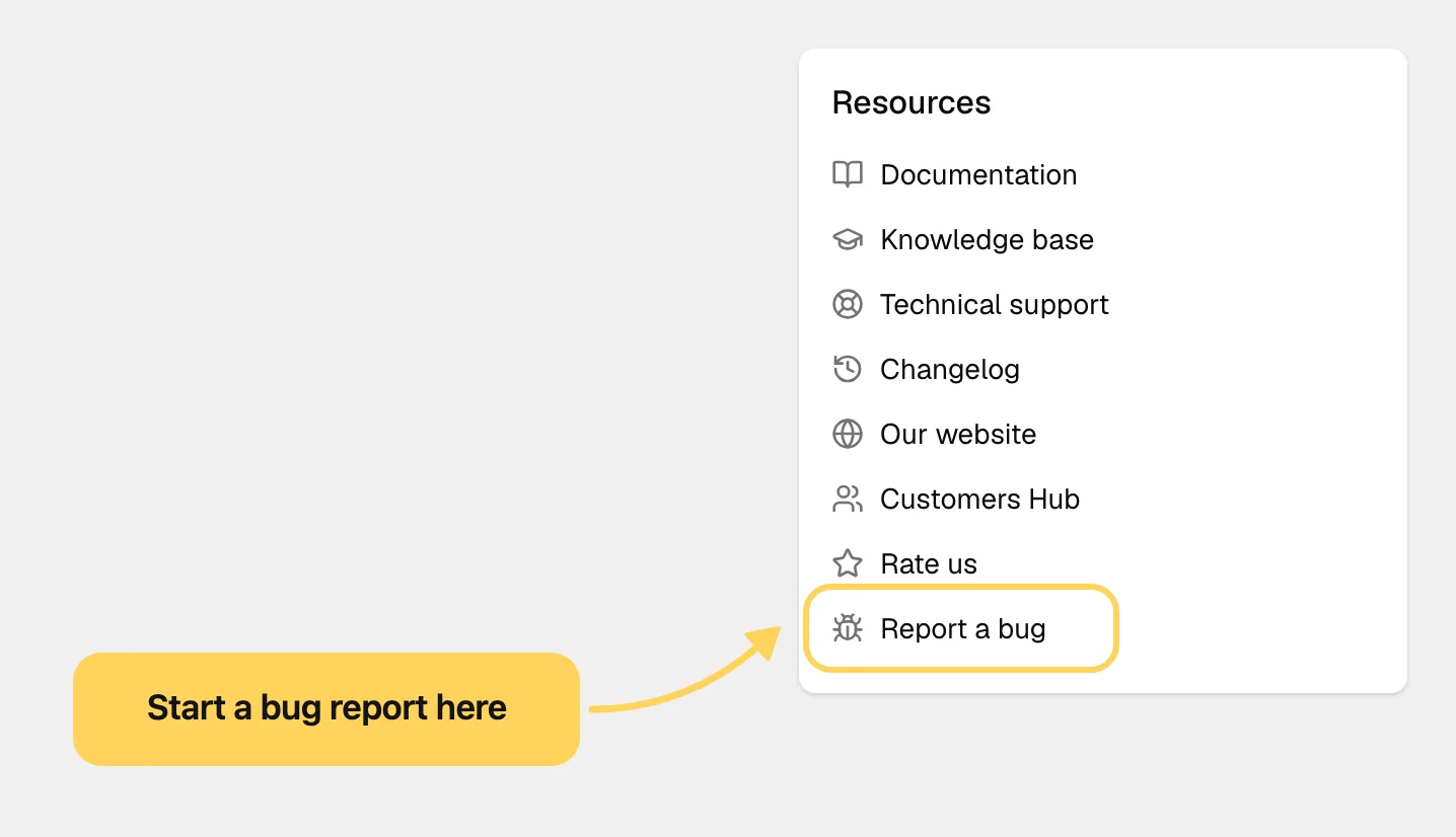 The Resources list on the theme dashboard, with Report a bug ringed in yellow and a callout reading Start a bug report here.