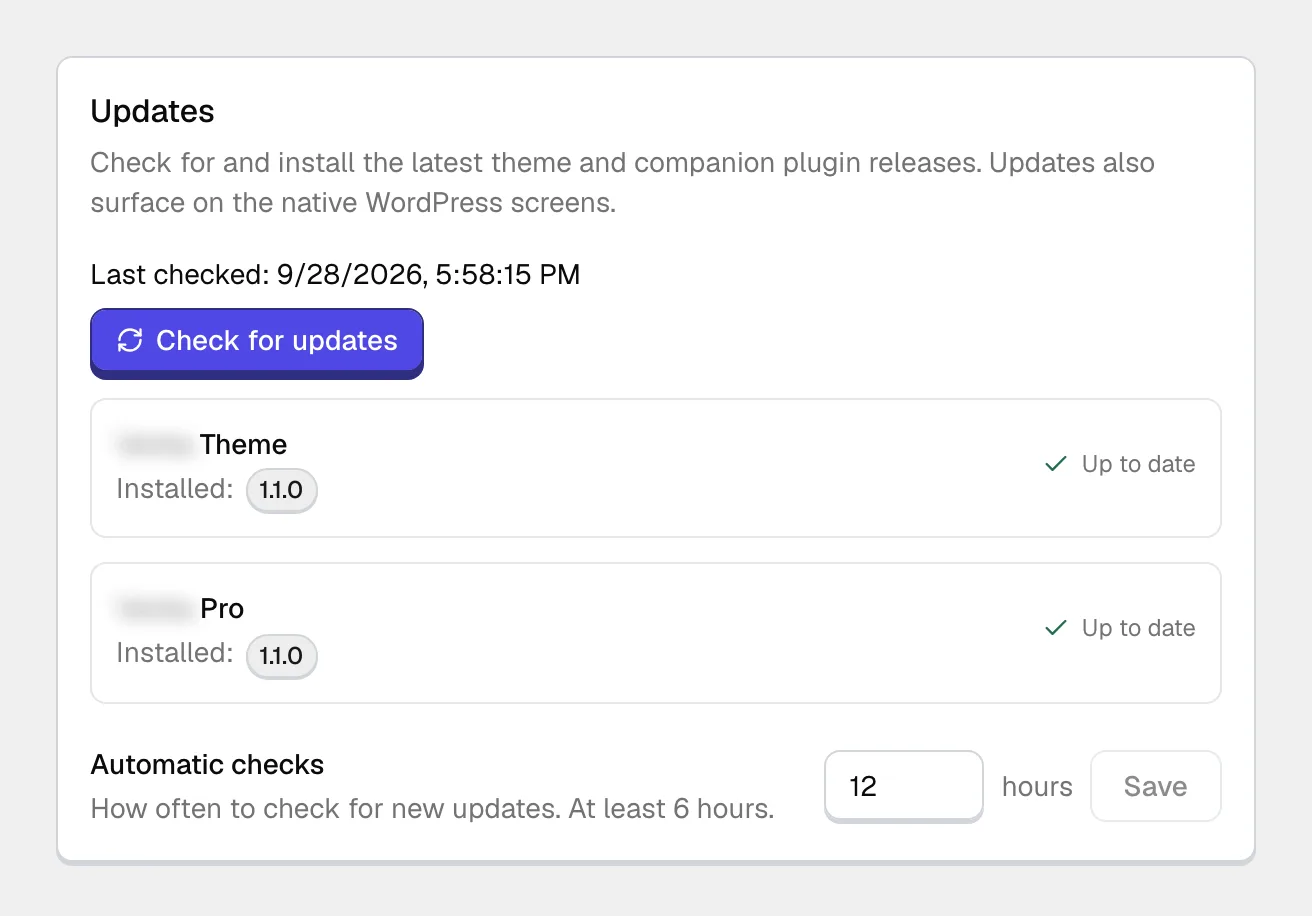 The Updates tab of the theme dashboard with a Check for updates button, the theme and the Pro plugin each marked up to date, and a field for how often automatic checks run.