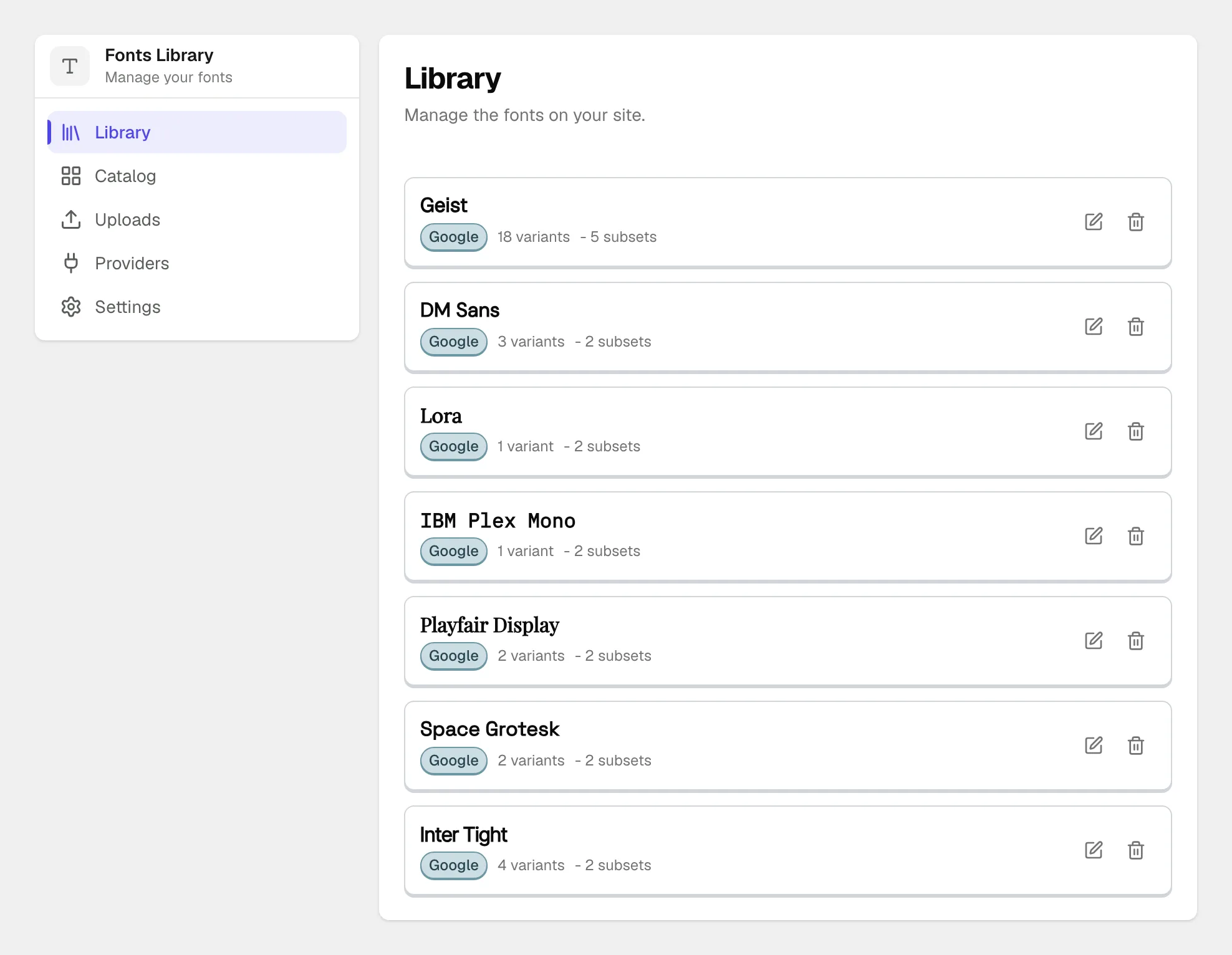 The Fonts Library screen with its Library tab open, listing seven Google font families, each with its variant and subset count and edit and remove buttons, beside the Catalog, Uploads, Providers, and Settings tabs.