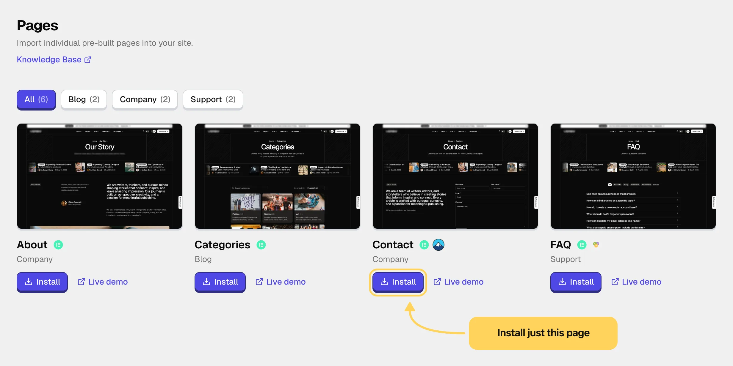 The Pages section of Demo Import with category filters and four page cards, About, Categories, Contact and FAQ, each with a preview, its required plugin logos, an Install button and a Live demo link. The Install button on the Contact card is ringed in yellow with a callout reading Install just this page.