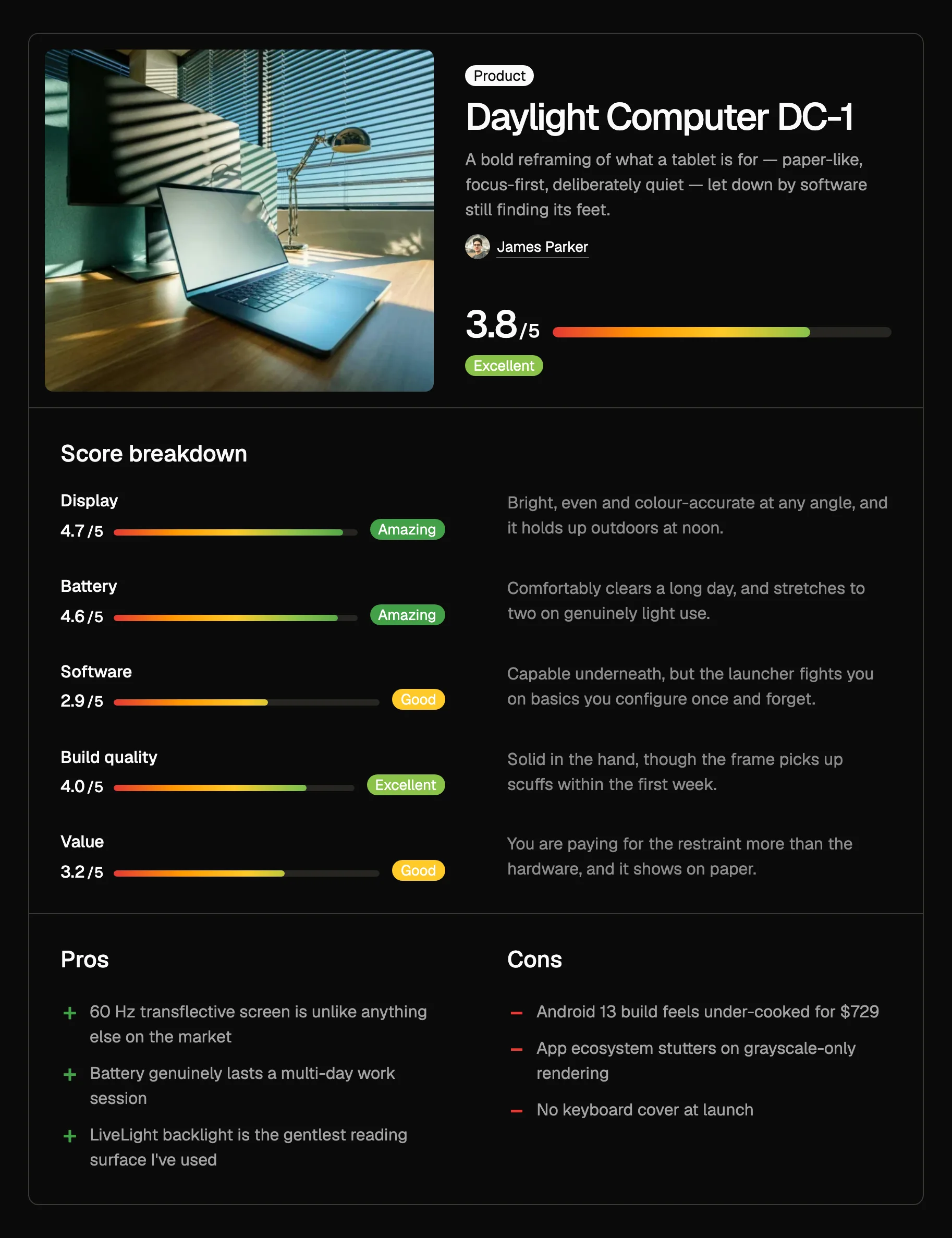 A review scorecard on a single post: a Product badge, the subject name Daylight Computer DC-1, a one-line summary, the credited author, an overall score of 3.8 out of 5 with a gradient bar and an Excellent label, then a score breakdown of five criteria with their own bars and a reason for each, and a Pros and a Cons list side by side.