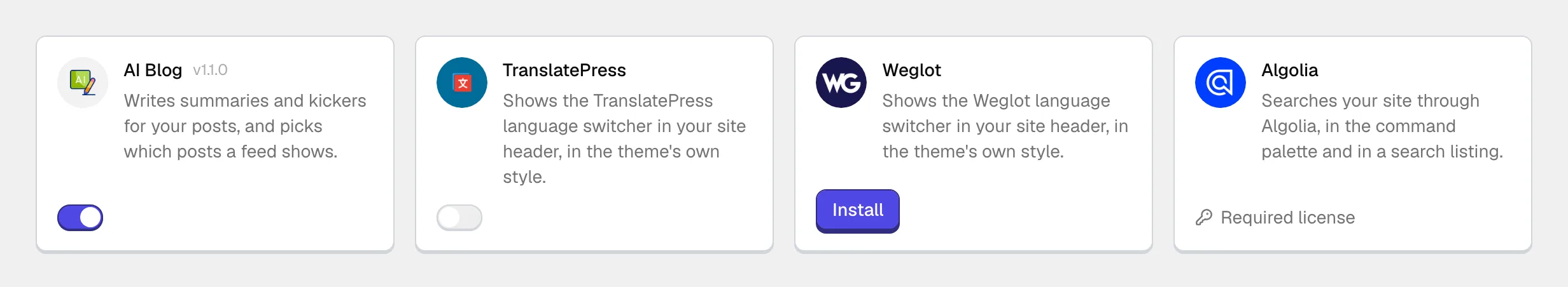 Four integration cards side by side: AI Blog with its switch on, TranslatePress with its switch off, Weglot with an Install button, and Algolia locked with a Required license note.