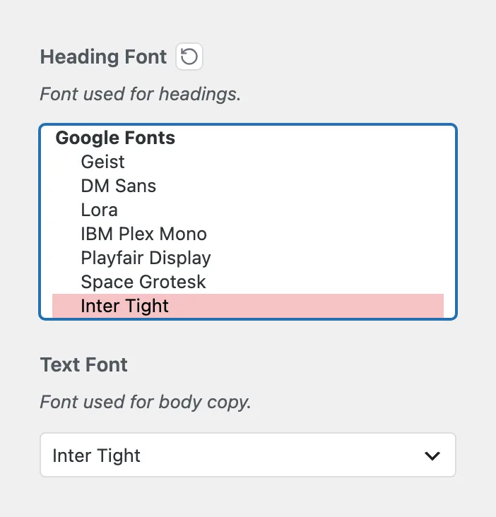 The Heading Font control in the Customizer opened as a list of the Google Fonts families in the library, with Inter Tight selected, above the Text Font control.