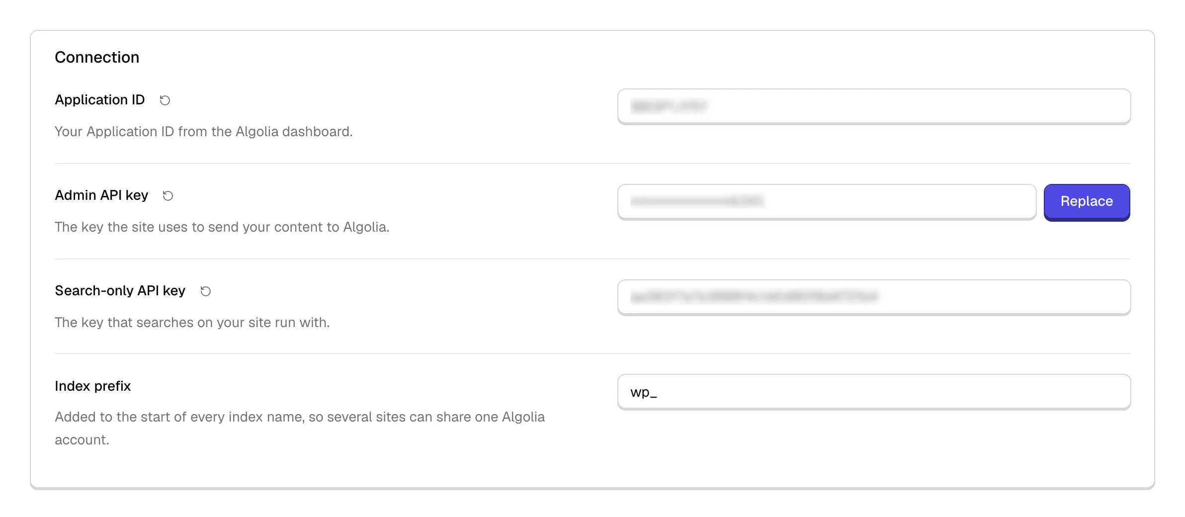 The Algolia Connection settings: Application ID, Admin API key, Search-only API key and Index prefix, with the key values blurred