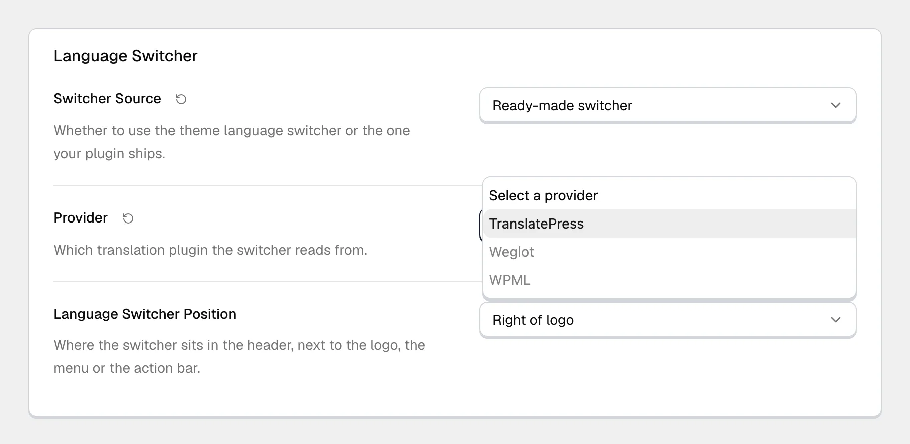 The Language Switcher group in the theme's navigation settings with the Provider list open, offering TranslatePress, Weglot, and WPML.