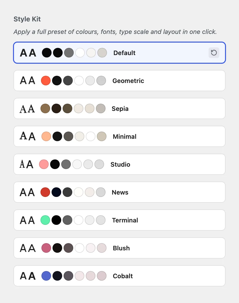 The Style Kit control in the Customizer, listing nine presets, each with a type sample and its color swatches, with the Default kit selected.