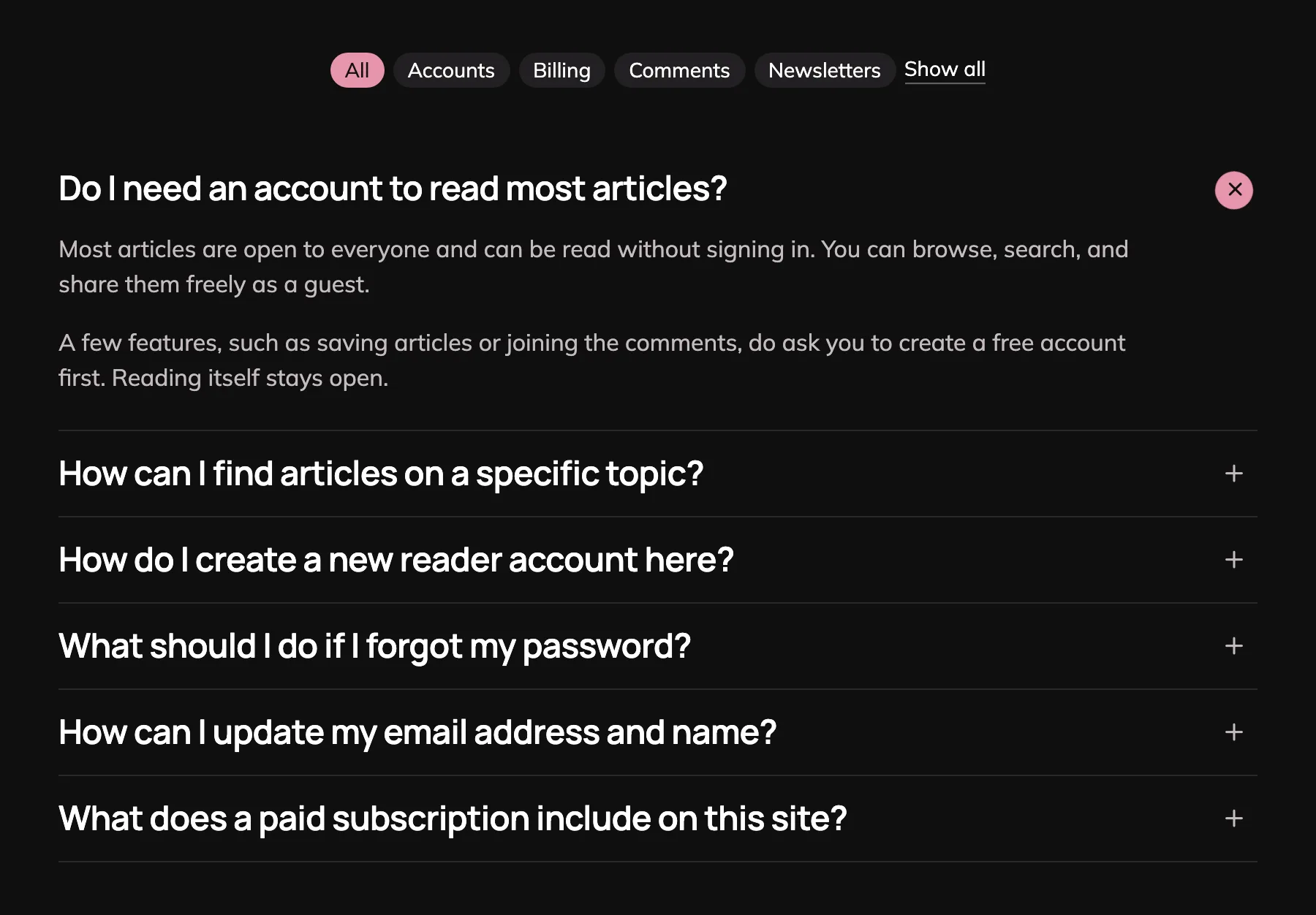 An FAQ page. A row of category filter pills reads All, Accounts, Billing, Comments and Newsletters, with All selected. Below it, the first question is open and shows its answer, and the other questions stay collapsed with a plus icon.
