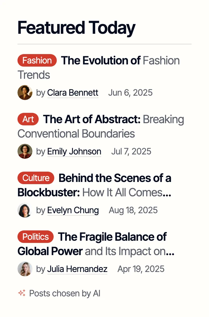A Featured Today listing of four posts with a Posts chosen by AI line at the bottom