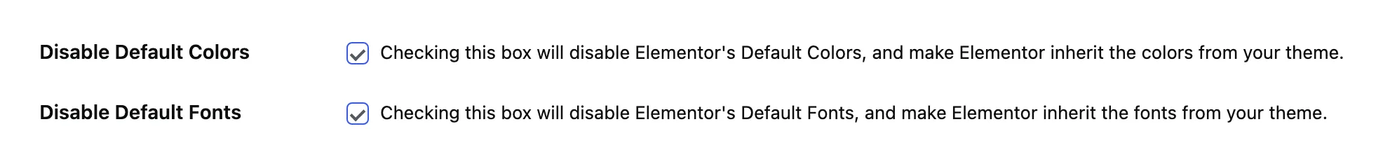 Elementor General settings with Disable Default Colors and Disable Default Fonts both checked, so Elementor inherits the theme's colors and fonts.