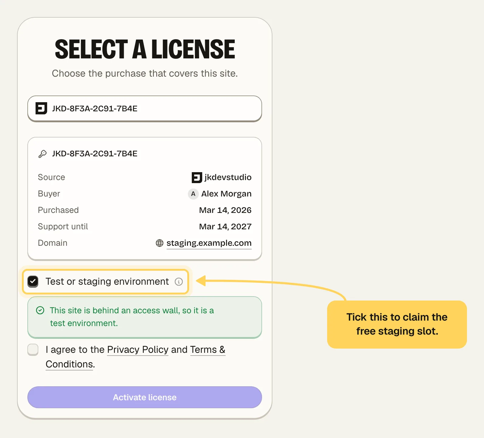The activation window for staging.example.com with Test or staging environment ticked and ringed in yellow, a callout reading Tick this to claim the free staging slot, and a green notice below saying the site is behind an access wall, so it is a test environment.