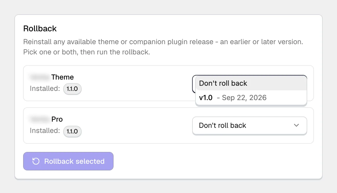 The Rollback tab with the theme's version picker open, offering Don't roll back or an earlier release, the Pro plugin's picker below it, and a Rollback selected button.