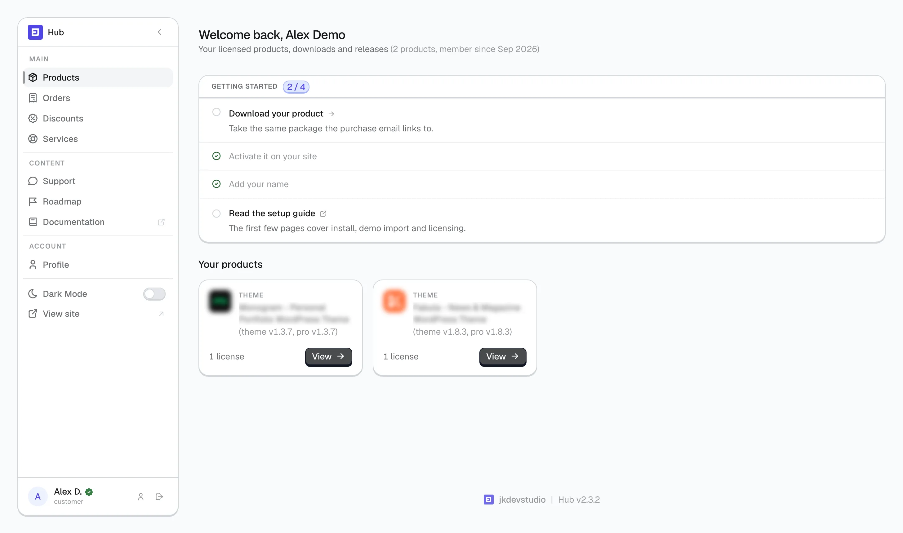 The account dashboard: a sidebar with Products, Orders, Discounts, Services, Support, Roadmap, Documentation and Profile, a Getting started checklist, and two owned products under Your products, each with its theme and Pro versions, a license count and a View button. Product names are blurred.