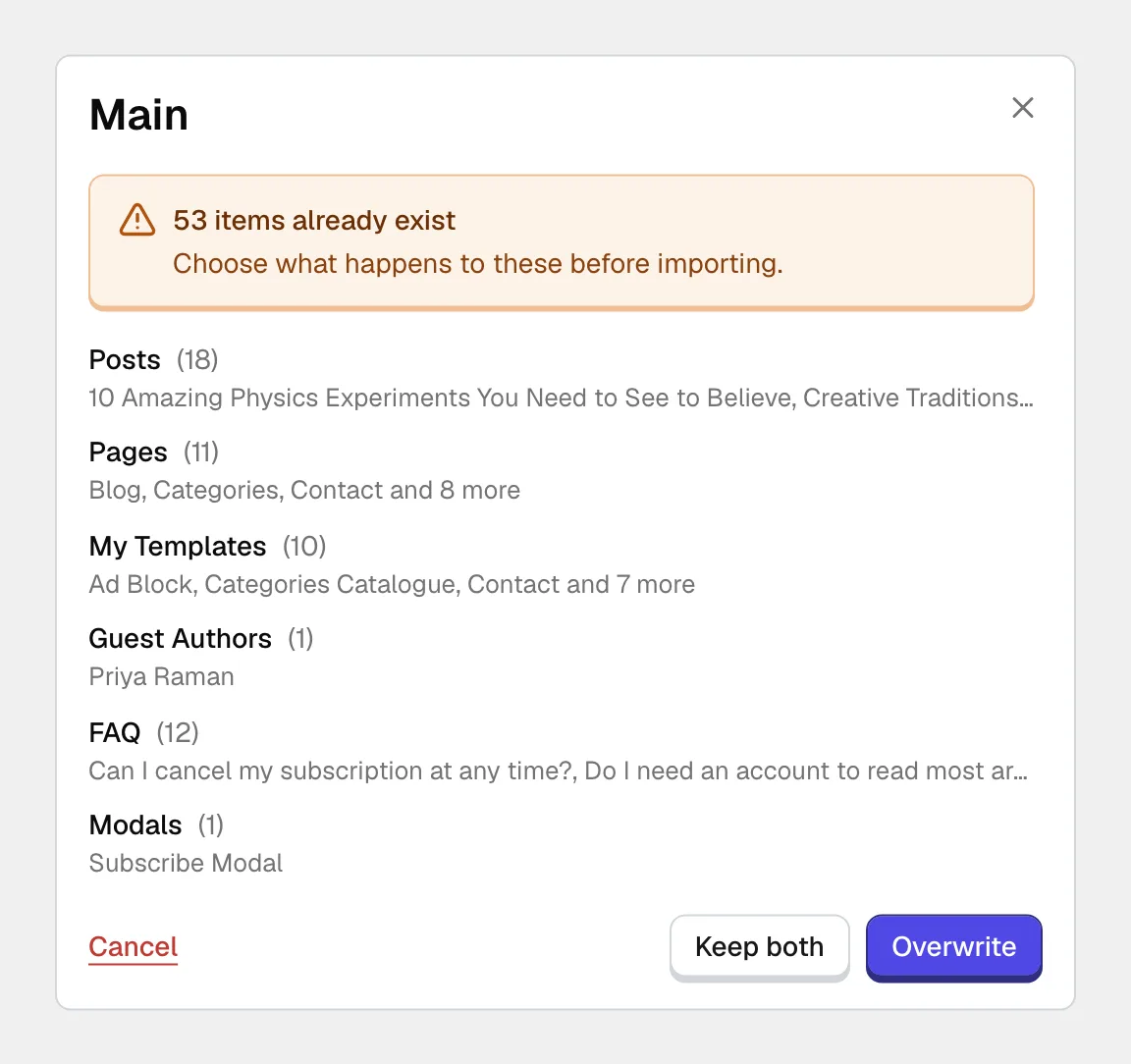 The import window reporting that 53 items already exist, listed by type with example titles, and three choices at the bottom: Cancel, Keep both and Overwrite.