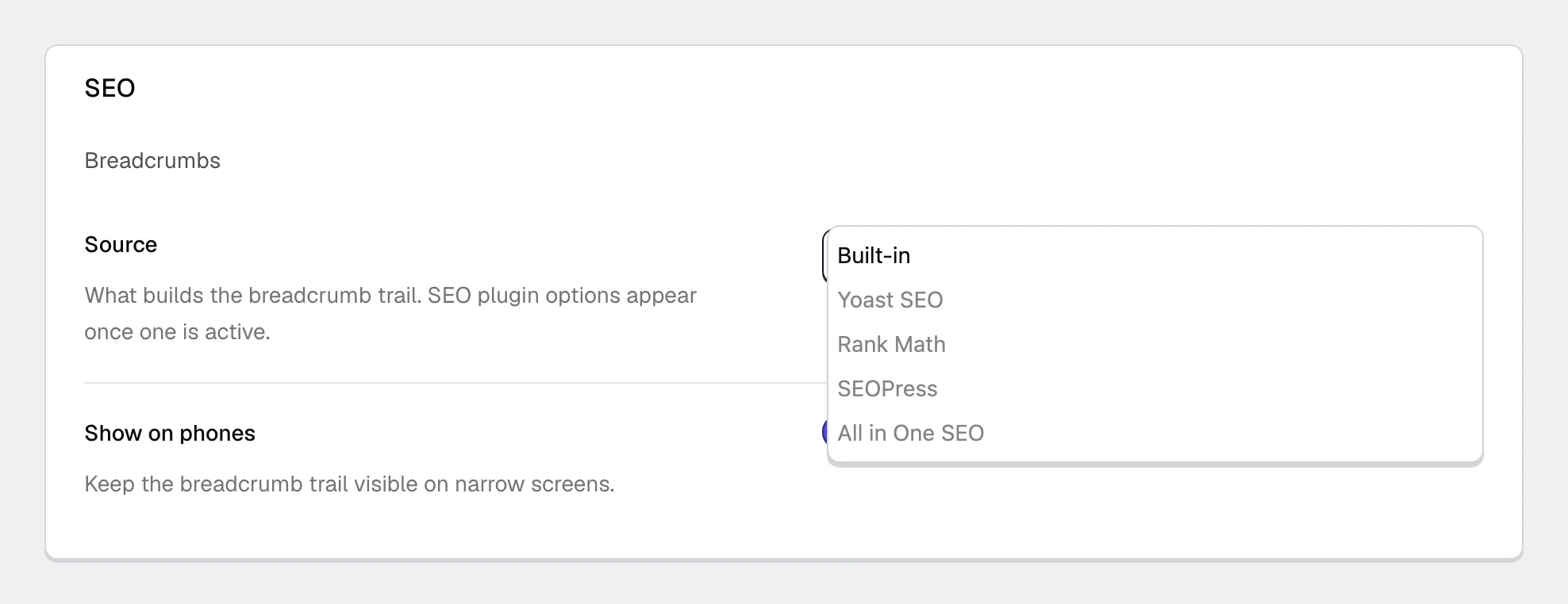 The breadcrumb Source setting open, with Built-in selected and Yoast SEO, Rank Math, SEOPress and All in One SEO listed but disabled.