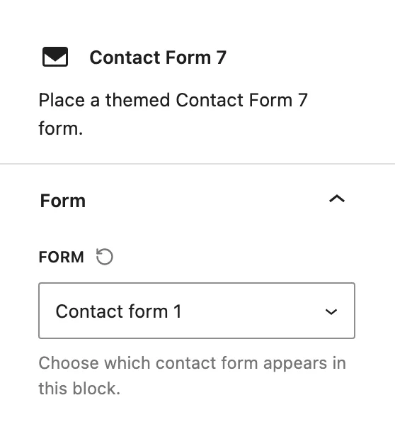 The Contact Form 7 block settings in the editor sidebar, with Contact form 1 chosen in the Form list