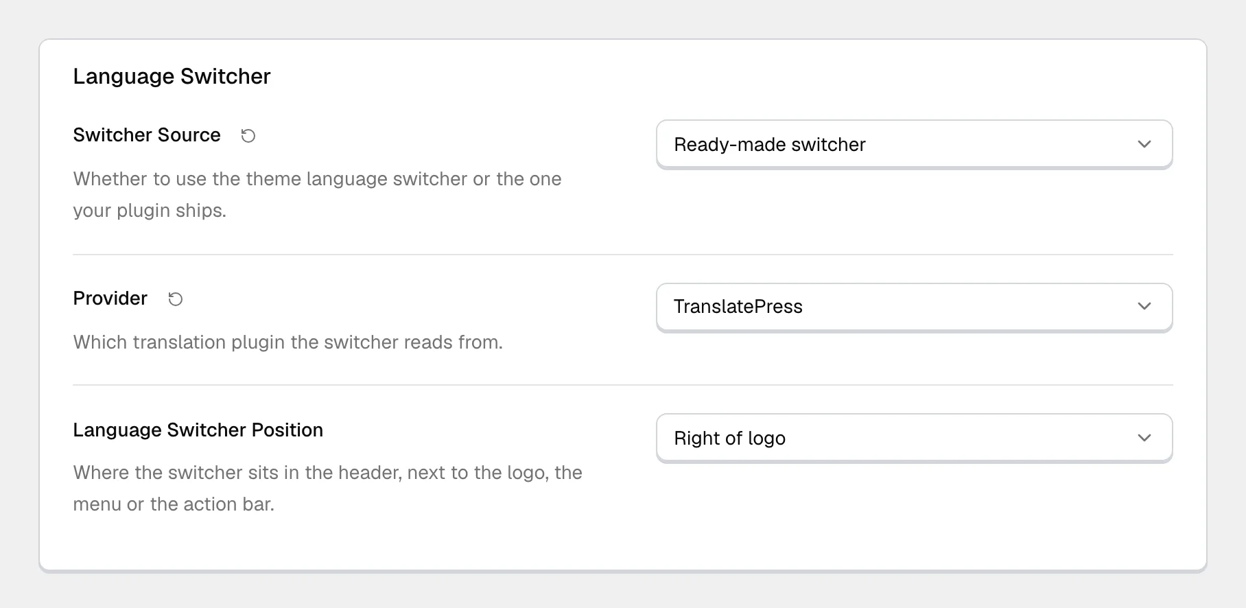 The Language Switcher group in the theme's navigation settings: Switcher Source set to Ready-made switcher, Provider set to TranslatePress, and Language Switcher Position set to Right of logo.