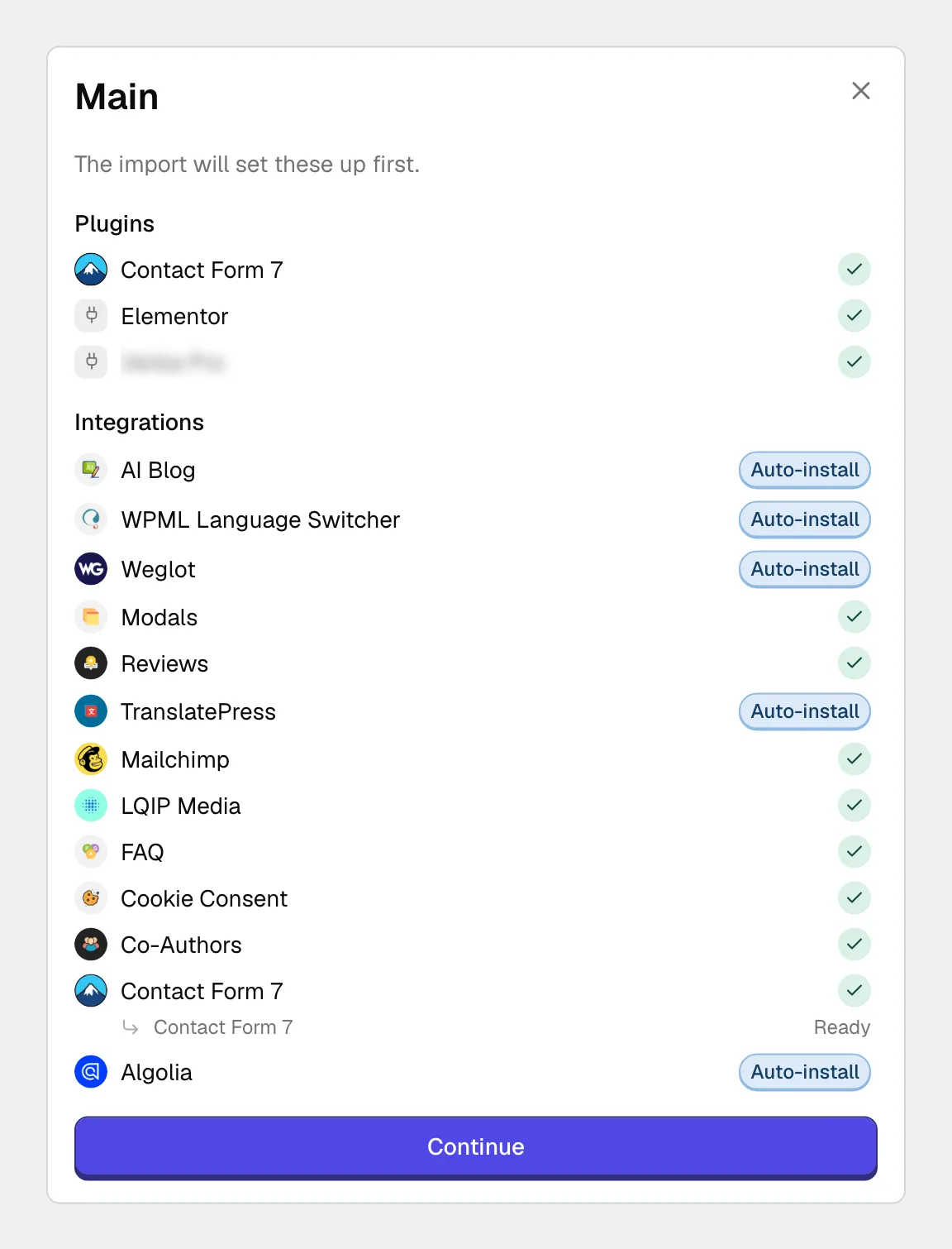 The import window listing the demo's required plugins and integrations, with a green tick beside the ones already active, an Auto-install badge beside the rest, and a Continue button.