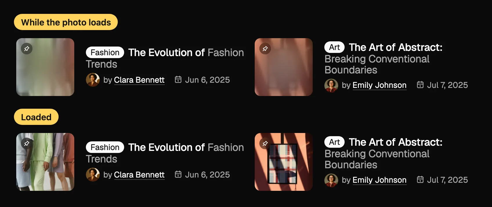 Two article cards shown twice: first with soft blurred previews in the image slots, then with the full photos loaded