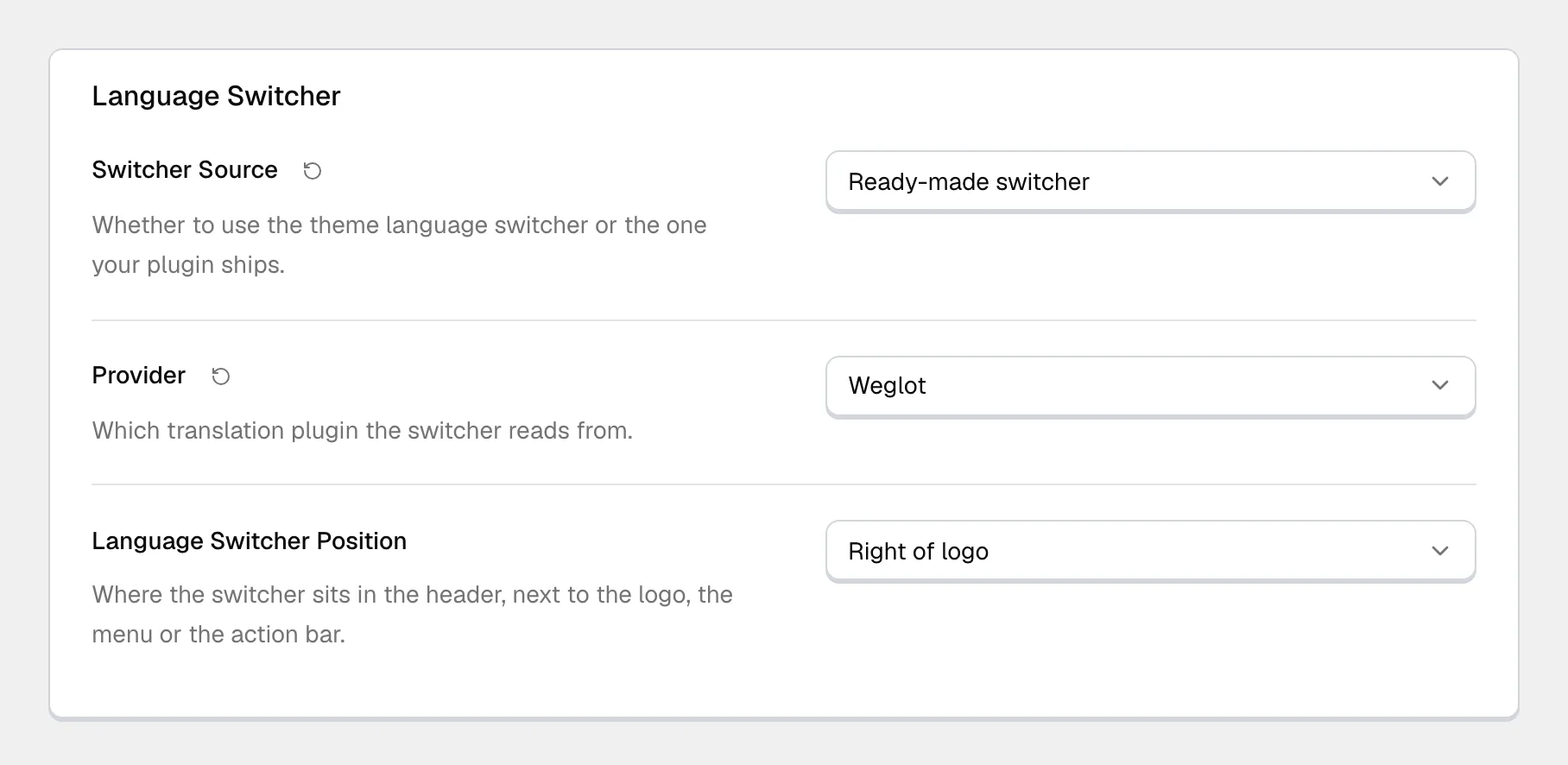 The Language Switcher group in the theme's navigation settings: Switcher Source set to Ready-made switcher, Provider set to Weglot, and Language Switcher Position set to Right of logo.