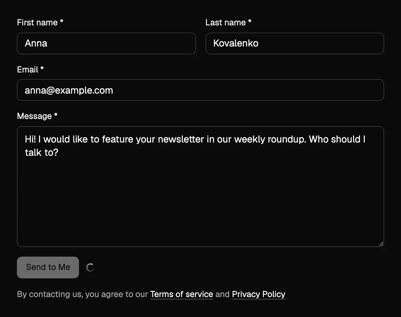 A filled contact form in the theme's style, with the Send to Me button dimmed and a spinner beside it while the message is sending