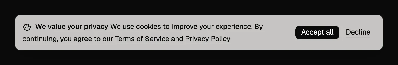 The consent bar, with a cookie icon, the heading We value your privacy, a short message linking to the Terms of Service and Privacy Policy, an Accept all button and a Decline link.