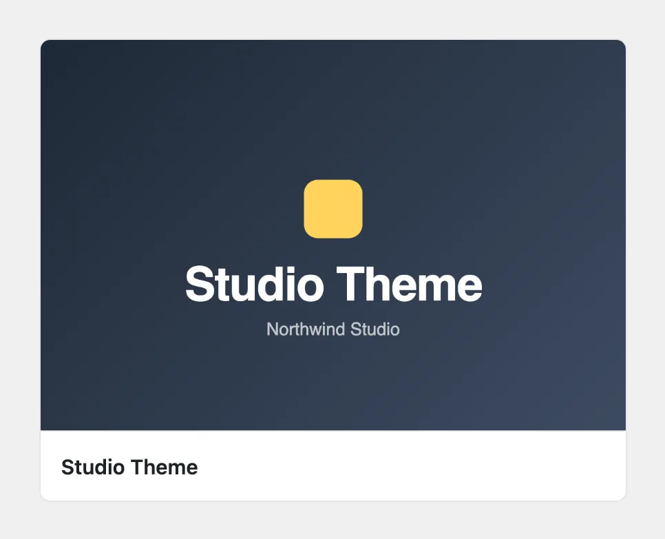 A theme card in Appearance > Themes named Studio Theme, showing the uploaded brand screenshot instead of the original theme's.