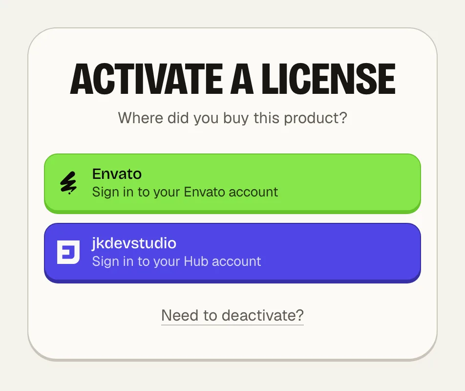 The Activate a license window asking where you bought the product, with an Envato button to sign in to your Envato account, a jkdevstudio button to sign in to your Hub account, and a Need to deactivate link below.