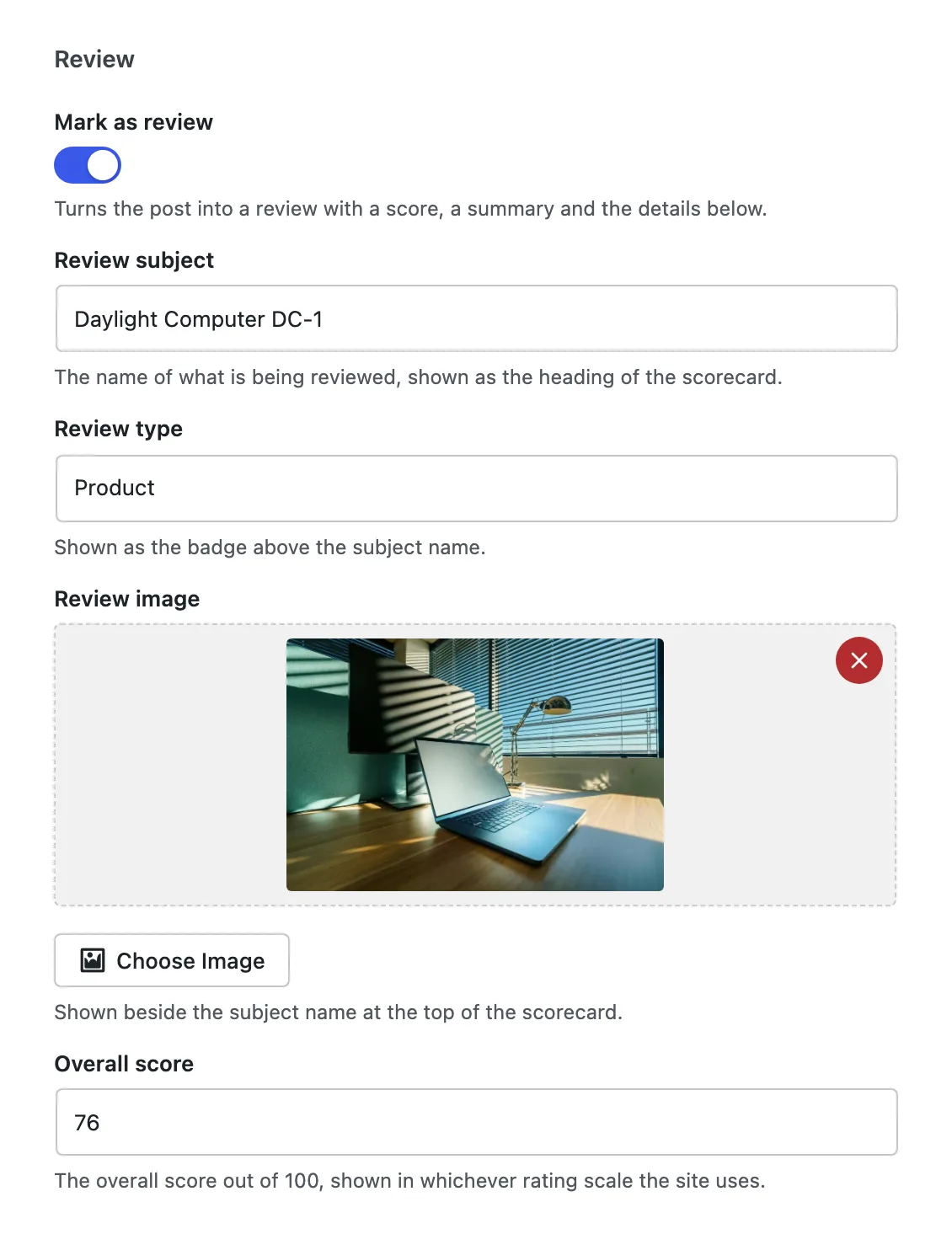 The Review panel on the post editing screen: Mark as review switched on, then the Review subject, Review type, Review image and Overall score fields filled in for one product.