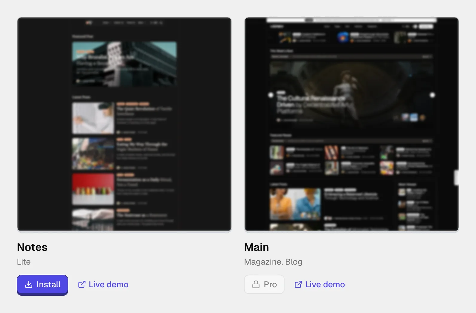 Two demo cards side by side: a free demo with an Install button, and a premium demo with a locked Pro button in its place. Both have a Live demo link.