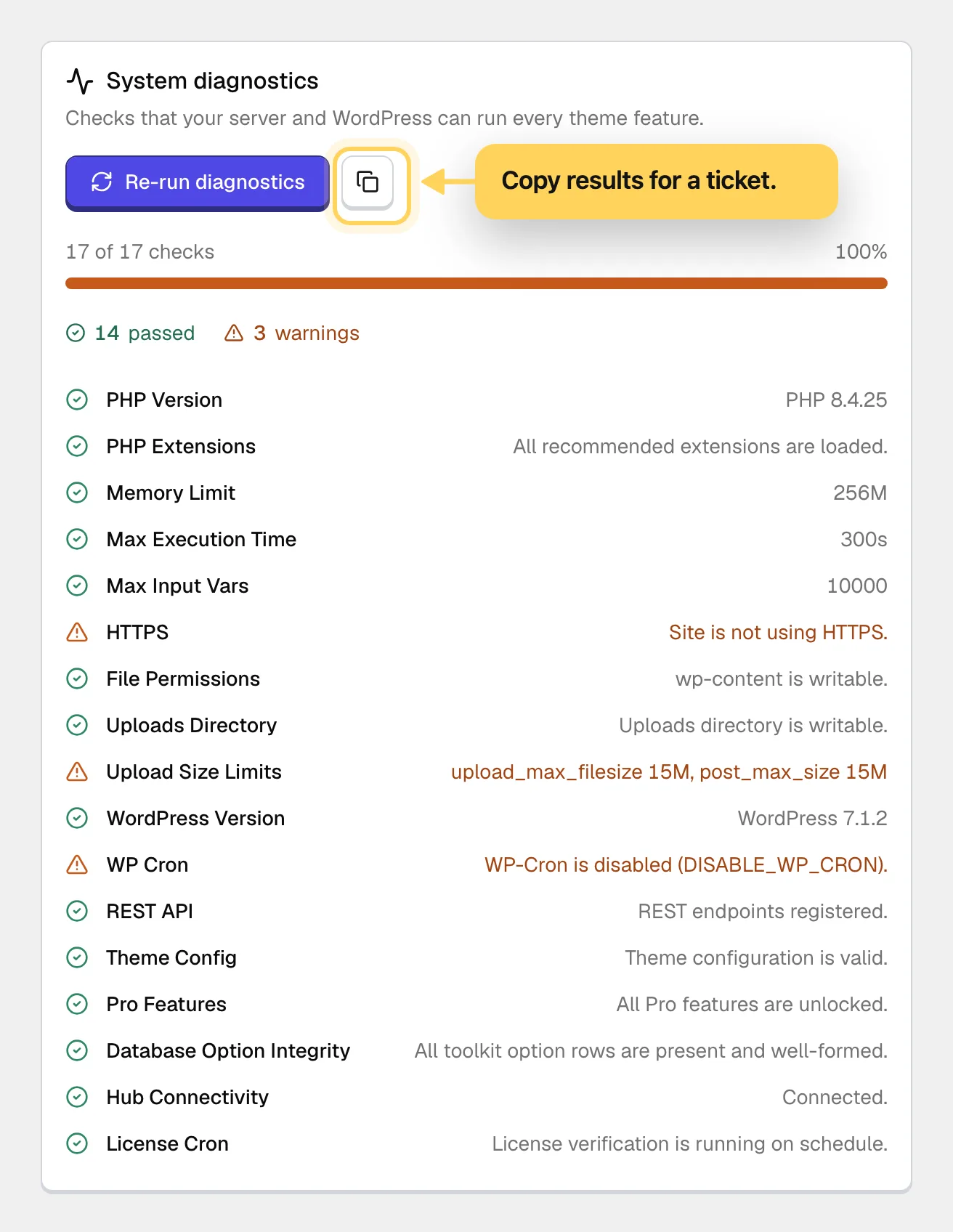 The Diagnostics tab after a run: a summary of 17 checks with 14 passed and 3 warnings, then one row per check with its status and a short explanation. A callout points at the copy button next to Re-run diagnostics: copy results for a ticket.
