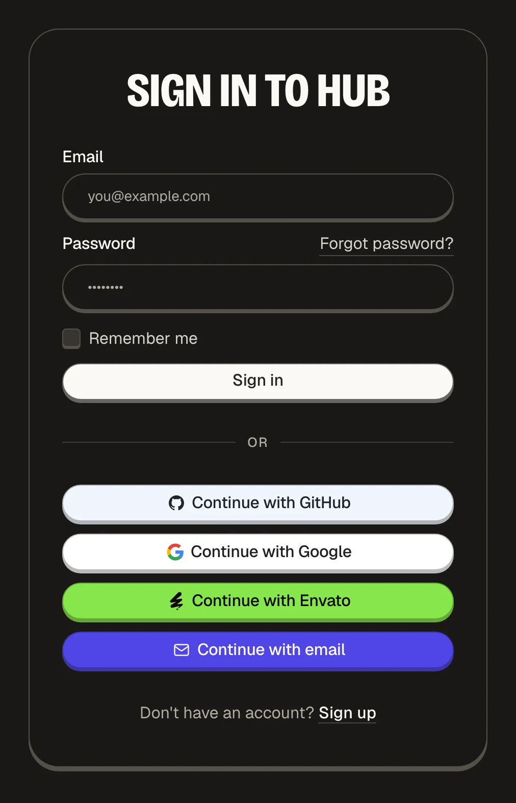 The Sign in to Hub form with email and password fields and a Sign in button, followed by Continue with GitHub, Continue with Google, Continue with Envato and Continue with email buttons.